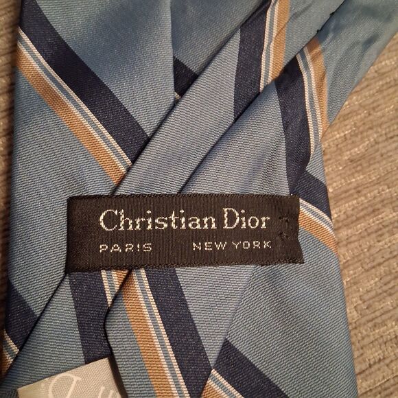 Dior Tie Blue Striped Gold White Navy Embroidered Logo 55 Inch Length NWOT - Picture 2 of 4